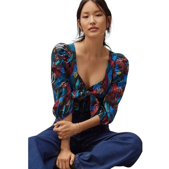 Anthropologie Eva Franco Tropical Sweetheart Floral Knot Blouse Top Size 12 - Picture 1 of 12